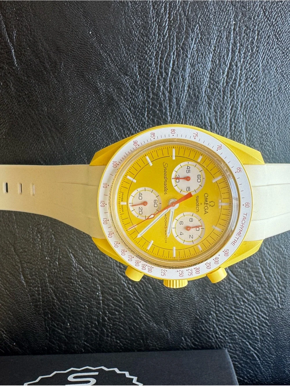 Omega Yellow Dial Chronograph with White Bezel and Strap